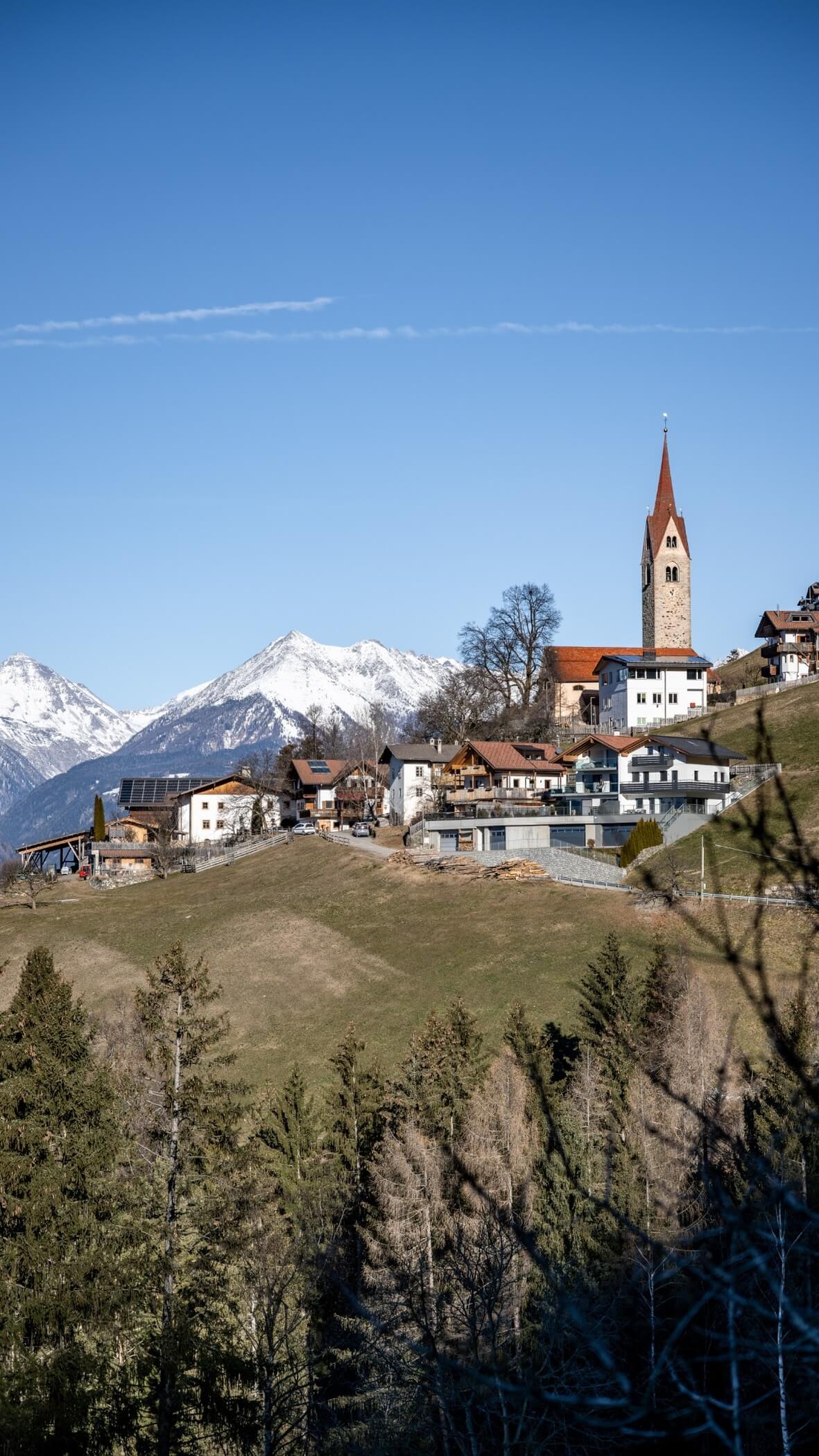 Bäume im Vordergrund, Häuser und Kirche im Hintergrund - Profigl Guesthouse